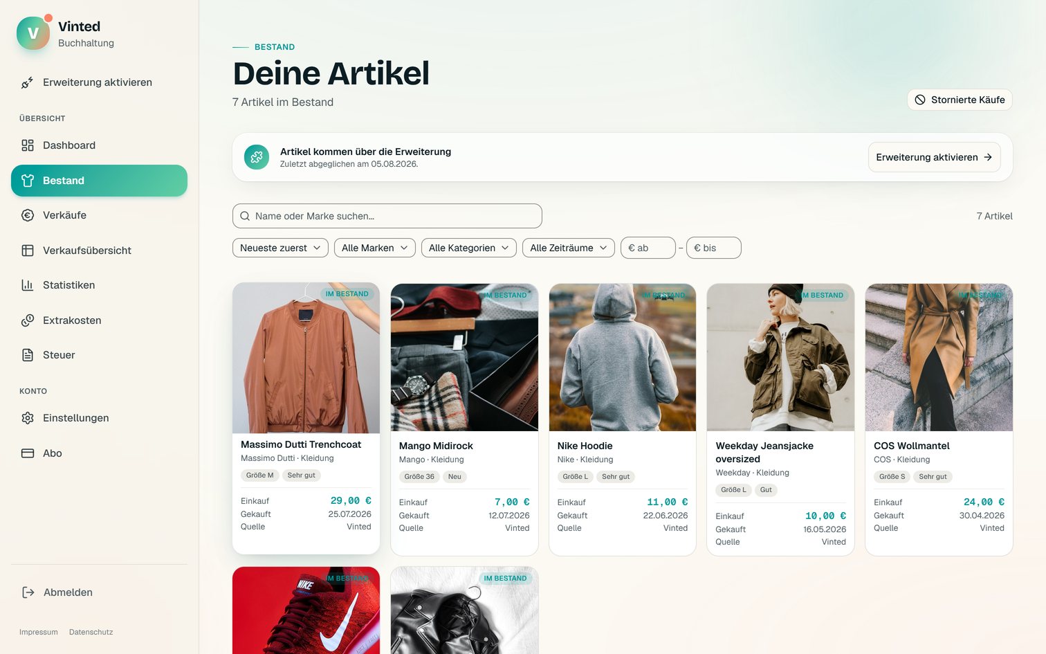 Der Bestand der App Vinted Buchhaltung