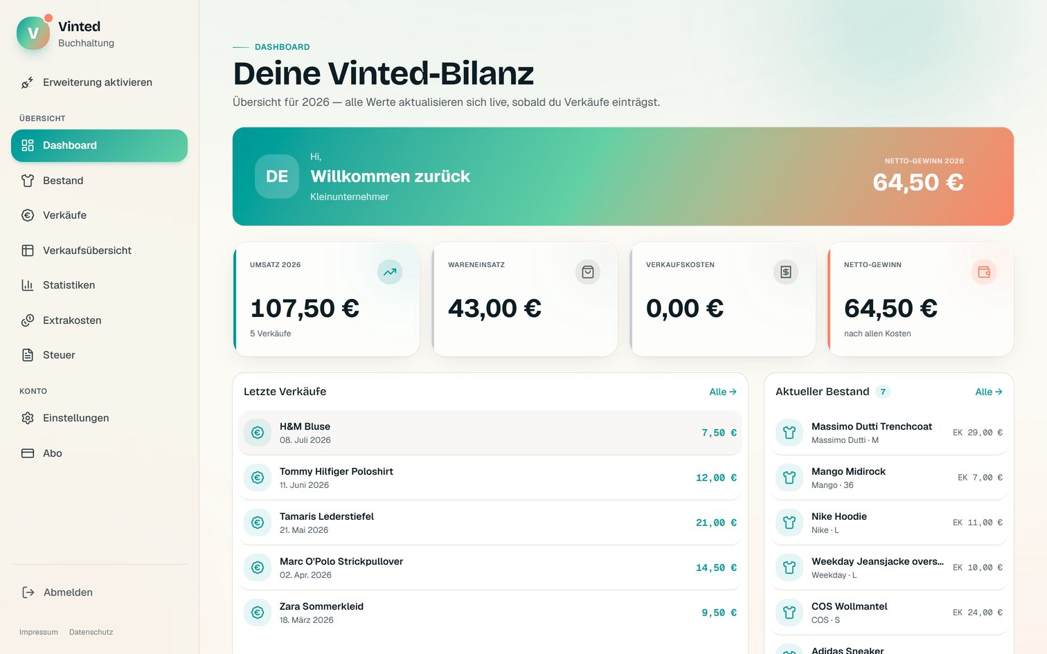 Das Dashboard der App Vinted Buchhaltung