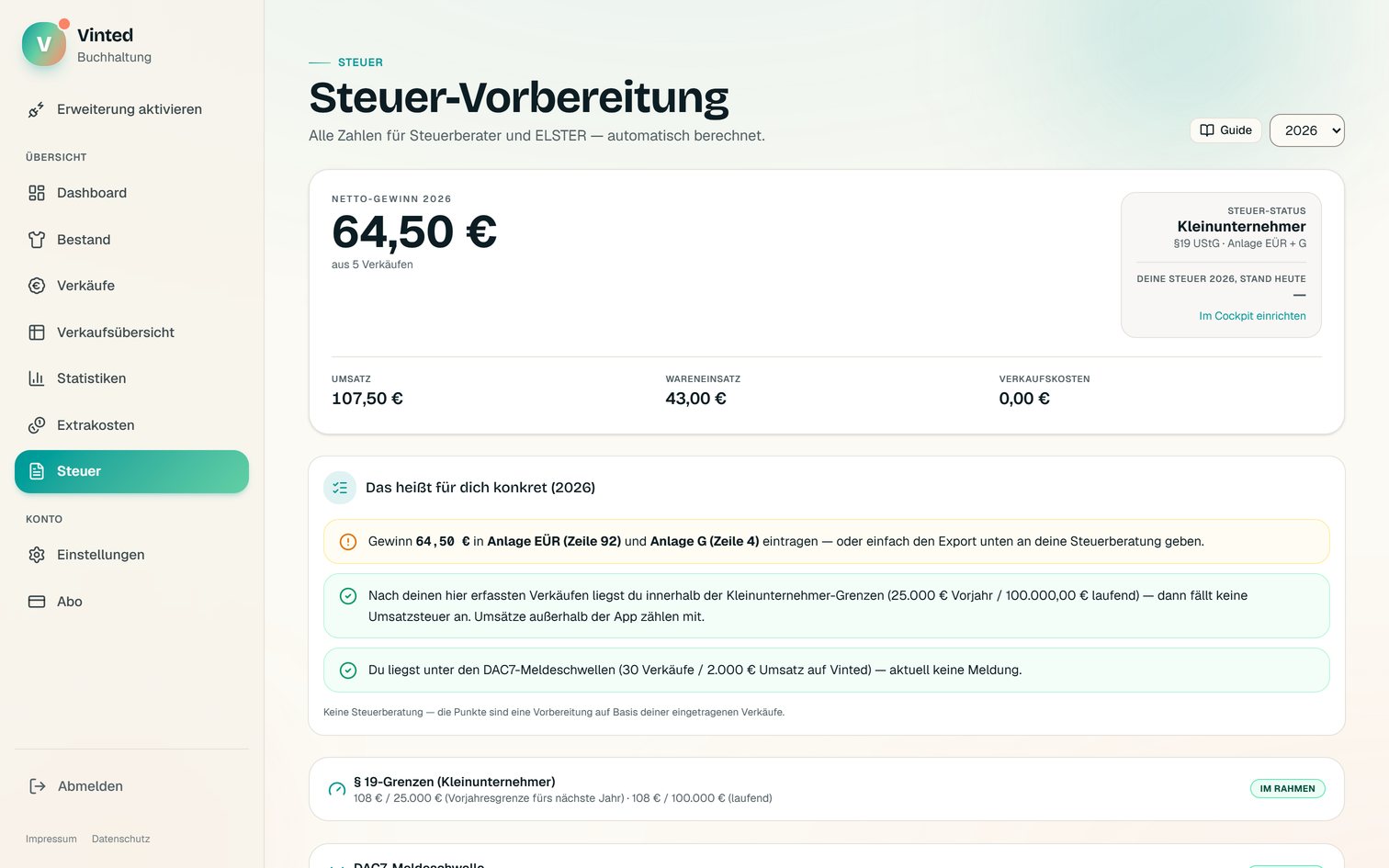 Die Steuer-Seite der App Vinted Buchhaltung