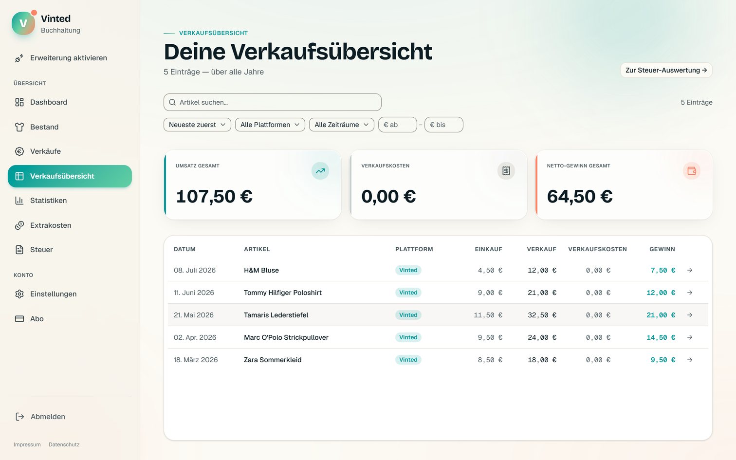 Die Verkaufsübersicht der App Vinted Buchhaltung
